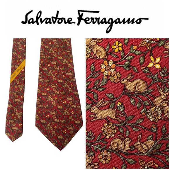 Salvatore Ferragamo 100% Silk Tie Bunny & Floral Novelty Print Made in Italy 57” - Picture 1 of 14